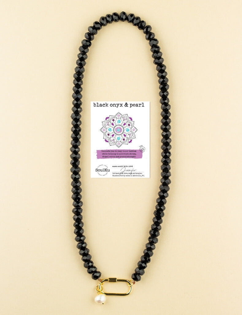 goen ネックレス　onyx black pearl chain Limited Edition Black Onyx Carabiner Pearl Charm Necklace for