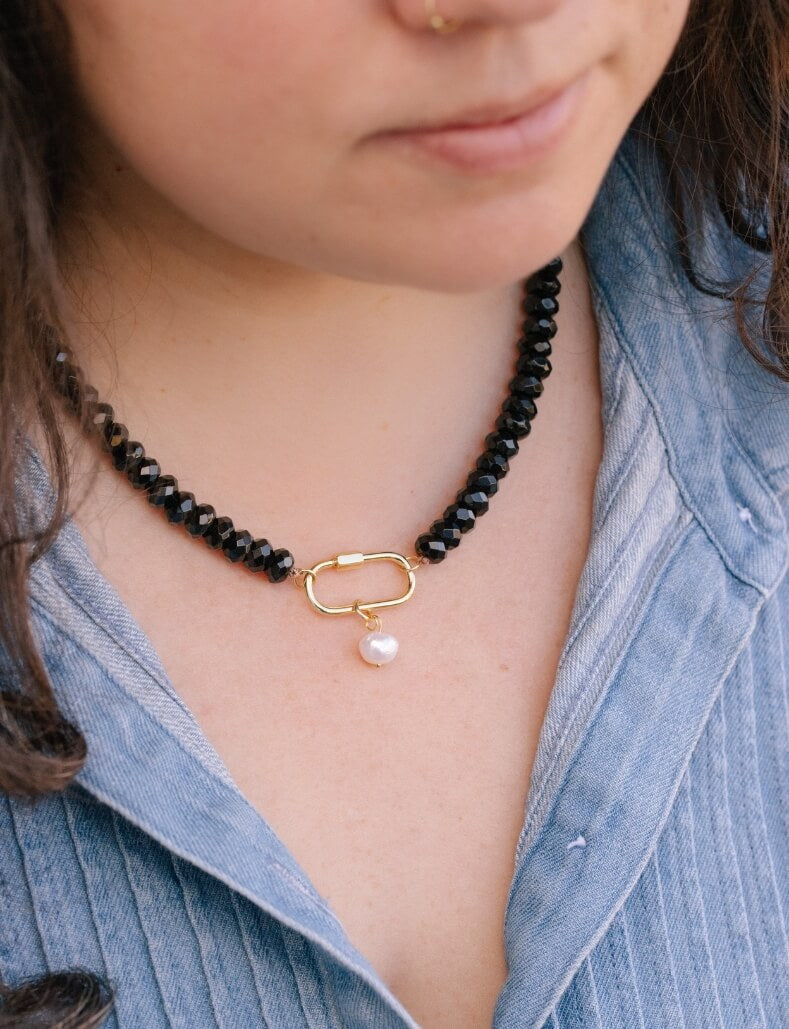 Limited Edition Black Onyx Carabiner Pearl Charm Necklace for