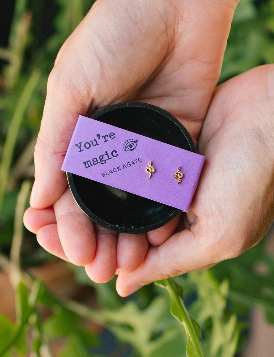 Black Agate Bowl & Gold Snake Studs You're Magic Set