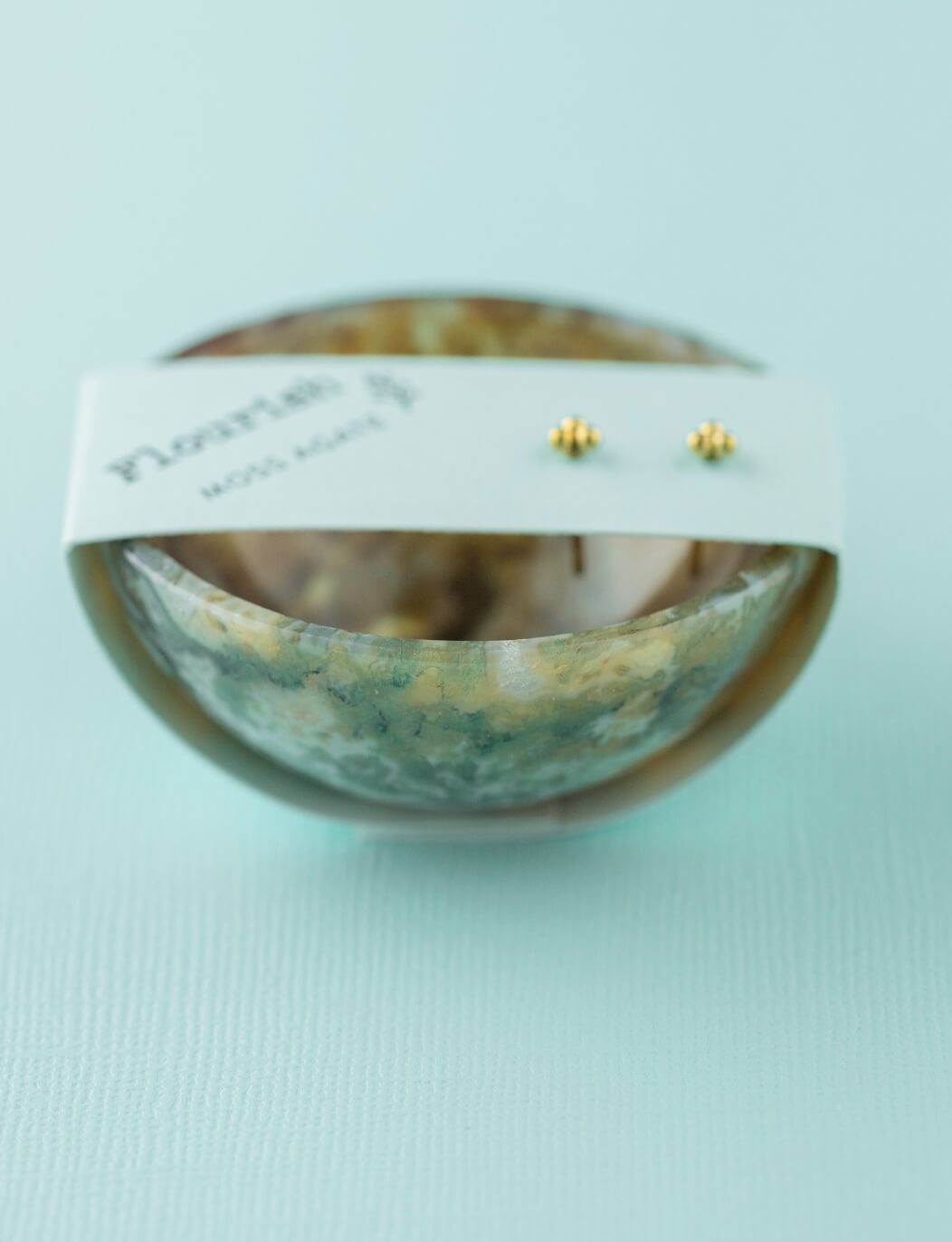 Moss Agate Bowl &amp; Gold Trio Studs Flourish Set