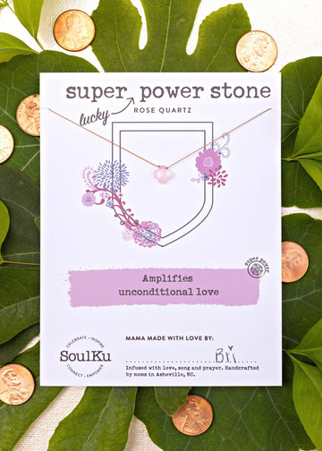 SoulKu - Petite Rose Quartz Lucky Clover Super Power Stone Necklace